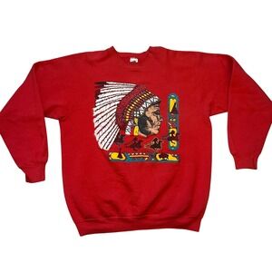VTG 90s Red‎ Native American Chief Graphic Sweatshirt Mens XL Fruit of the Loom